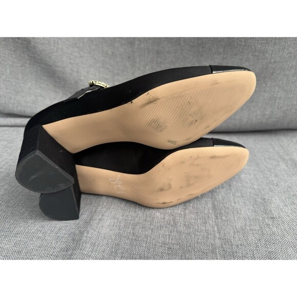 J Crew Black Mary Jane Block Heels Rhinestone Buckle Patent Cap Toe Shoes Size 8 - Picture 7 of 8